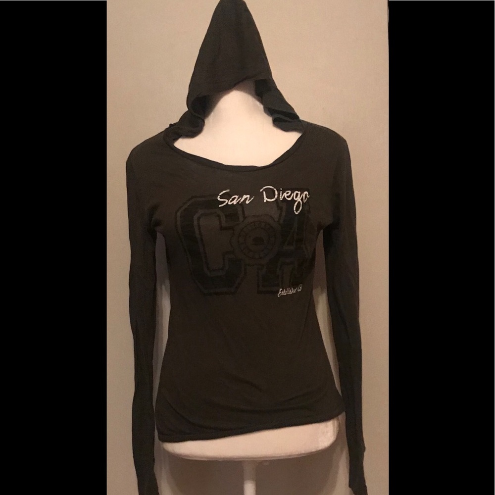 Long sleeved, hooded San Diego, CA t-shirt.